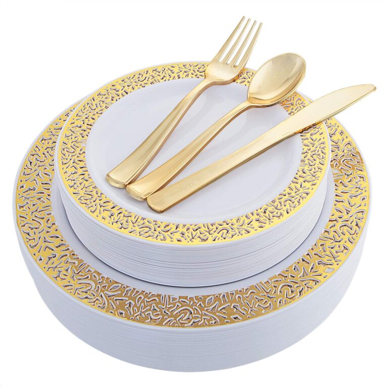 IOOOOO 100 Pieces Gold Plastic Disposable Dinnerware Set (Service for